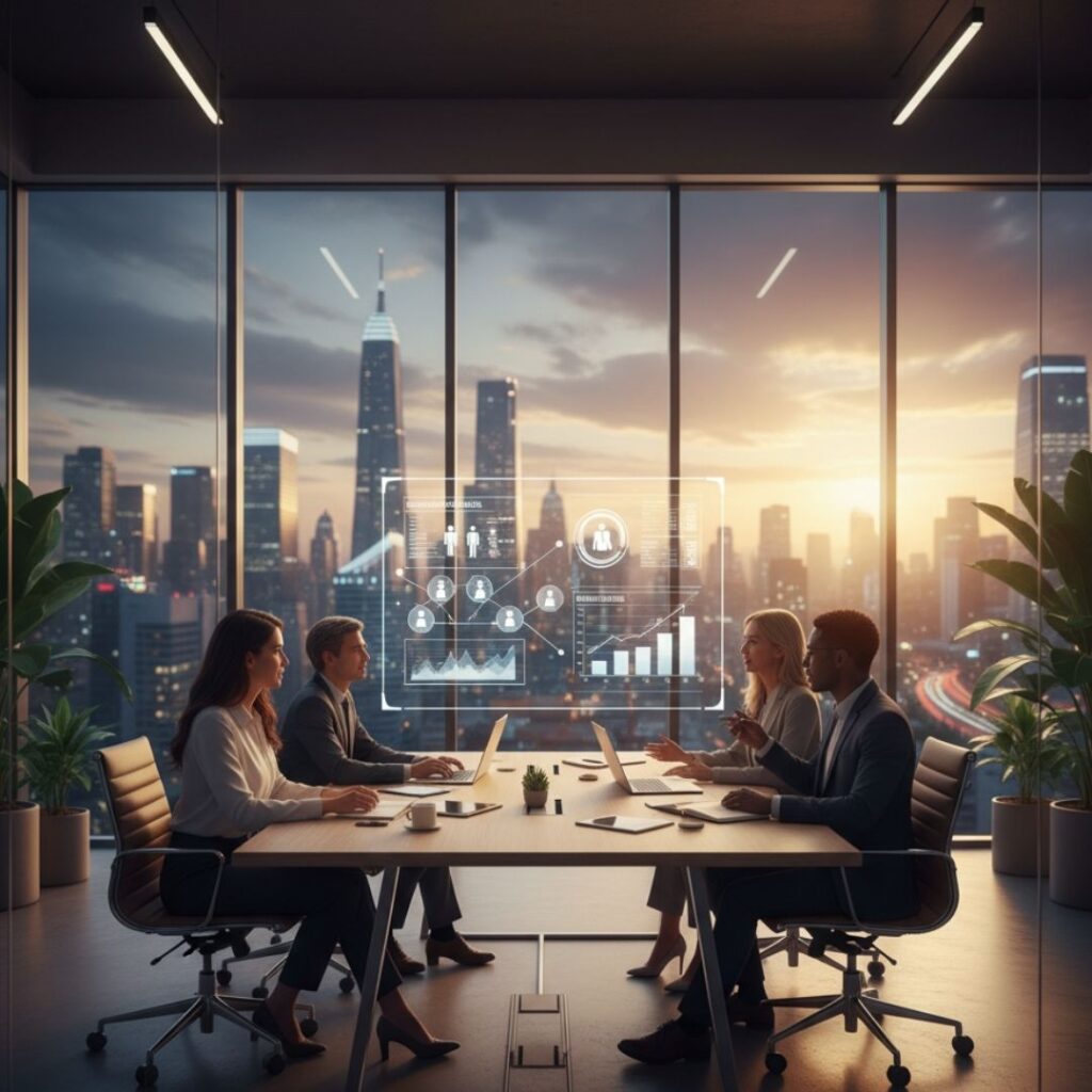 A diverse group of four professionals in business attire sit around a modern conference table