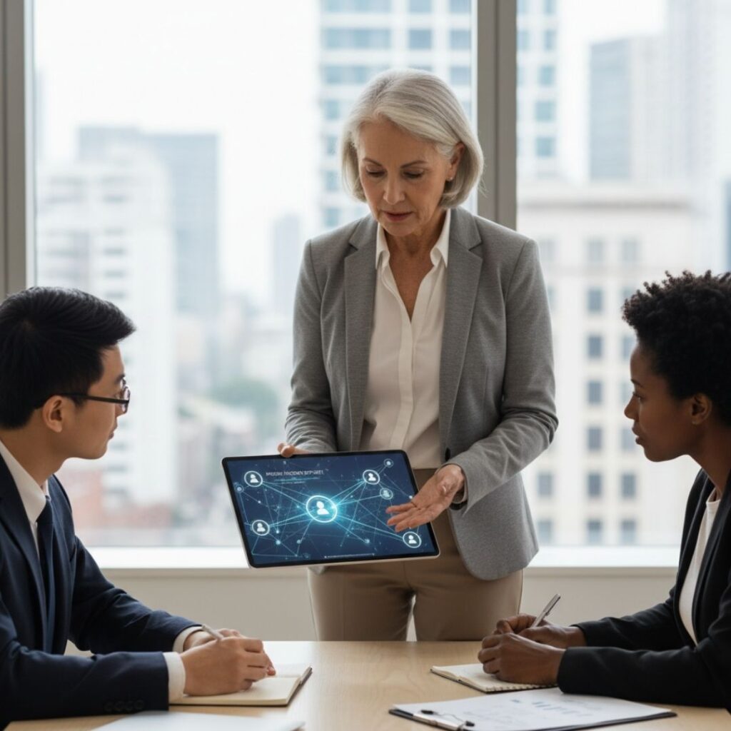 A professional, older woman with grey hair stands, presenting a tablet displaying a human resources network diagram to two younger colleagues