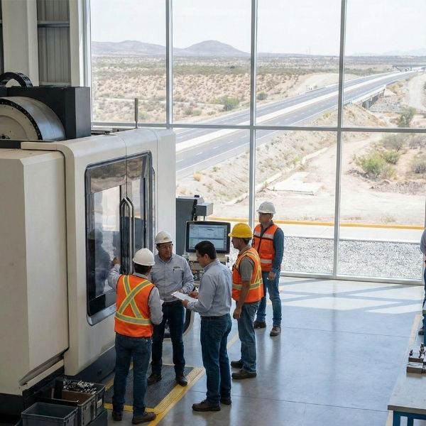 Engineers and workers in a modern manufacturing facility in Mexico, discussing operations near a large machine with a desert highway visible outside, representing nearshoring opportunities.