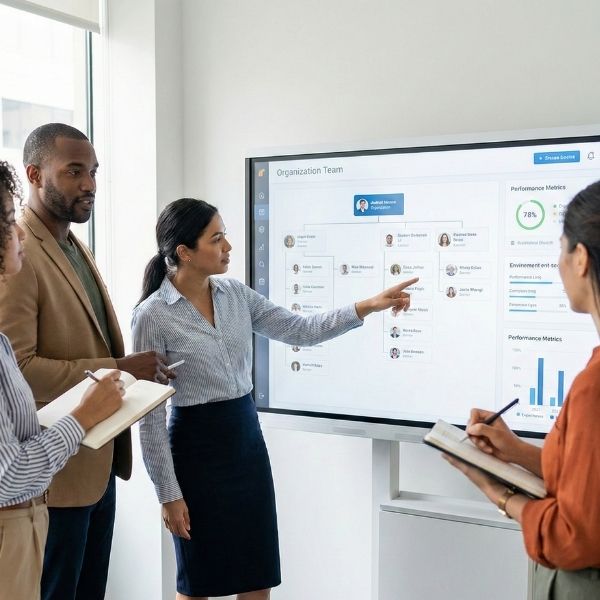 A diverse small business team reviews a digital human capital management dashboard with organizational charts and performance metrics in a collaborative office setting.
