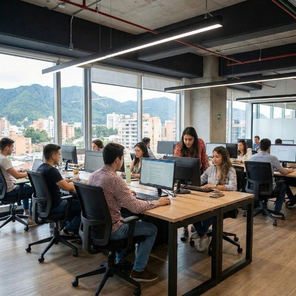 A modern, collaborative office space in Colombia filled with young professionals working on computers, representing a thriving BPO and IT services hub.